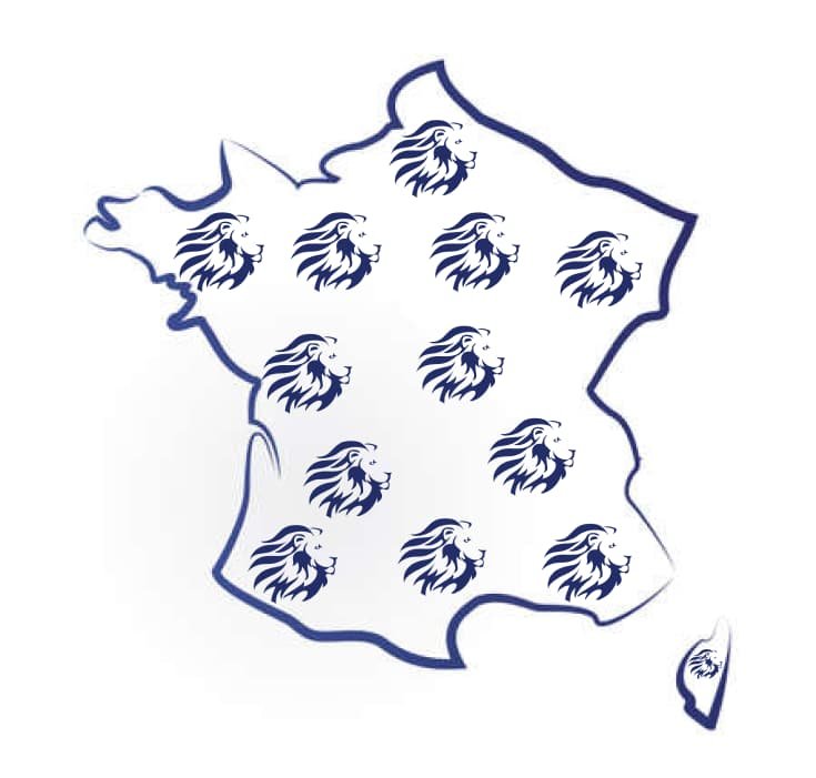 carte de france avec des logos lioncoach dessus